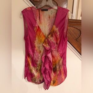 Natori Magenta Ruffle-Front Blouse with Multicolor Brushstroke Print